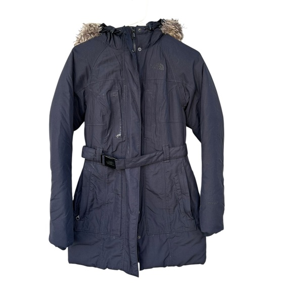 The North Face Goose Down Belted Fur Hood Parka - Size XS Women’s - Navy Blue - Picture 2 of 10